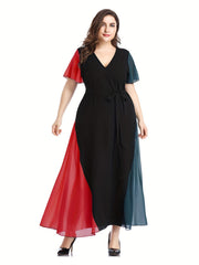  Colorblock Flutter Sleeve V Neck Maxi Dress With Belt