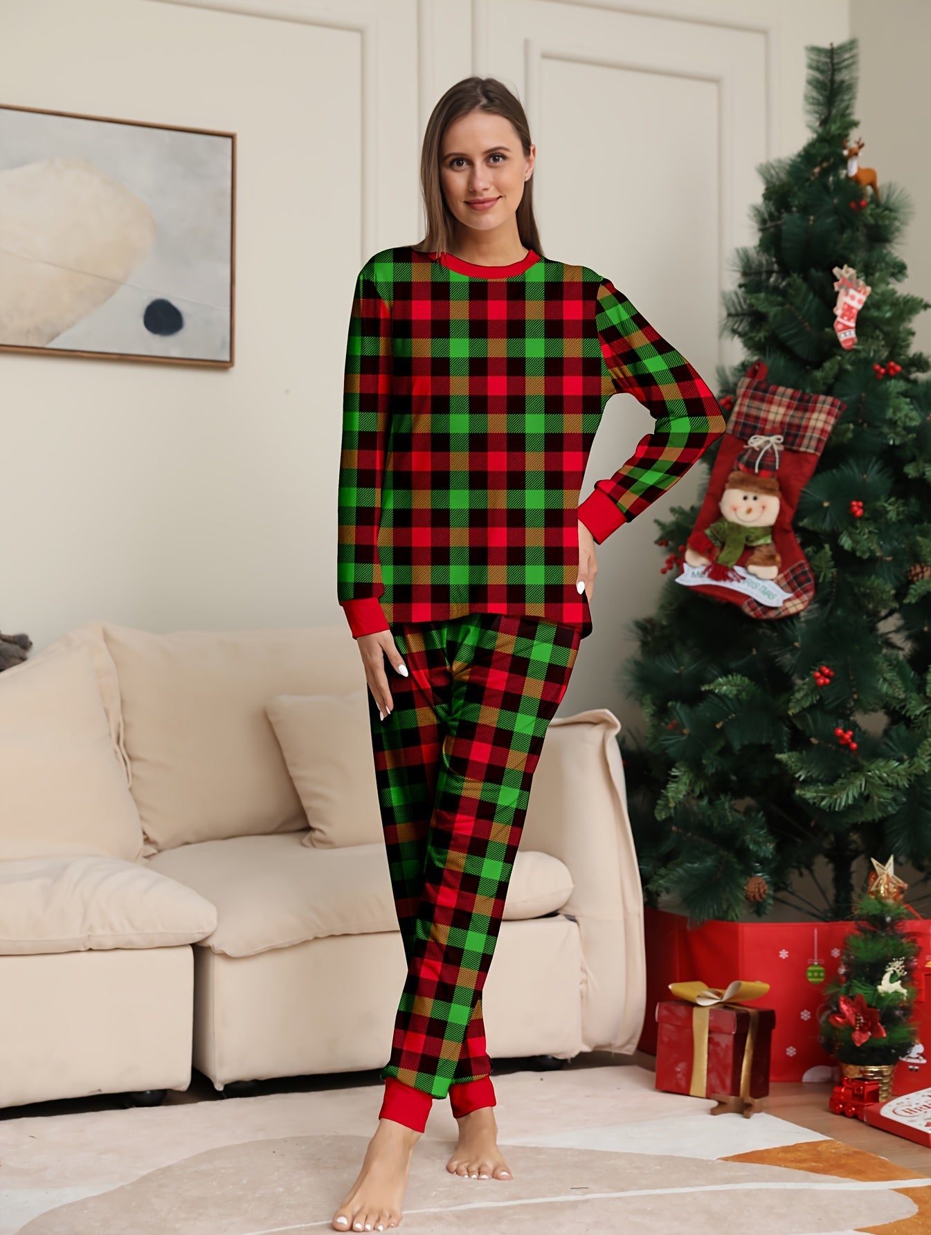 Plaid Print Christmas Pajama Set Long Sleeve Top & Pants Women's Sleepwear
