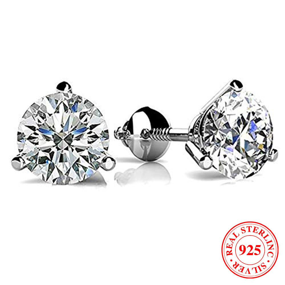 3 Claw Zircon Screw Back Earrings Silver Plated 925 Silver For Women Girls