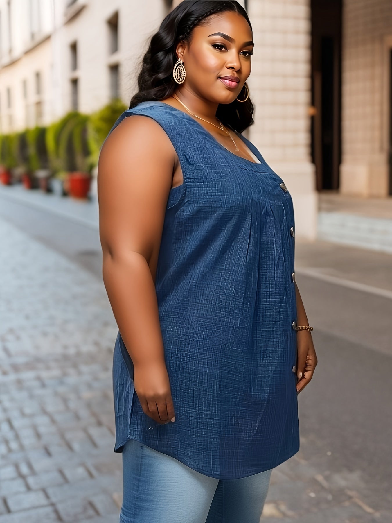  Solid Button Detail Square Neck Tunic Tank Top