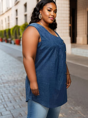  Solid Button Detail Square Neck Tunic Tank Top