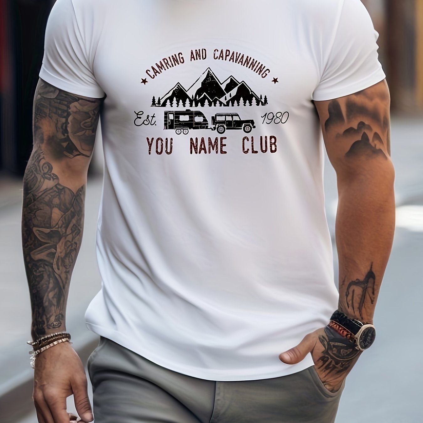 Mountain & Car Print Men's Graphic Crew Neck T-shirt