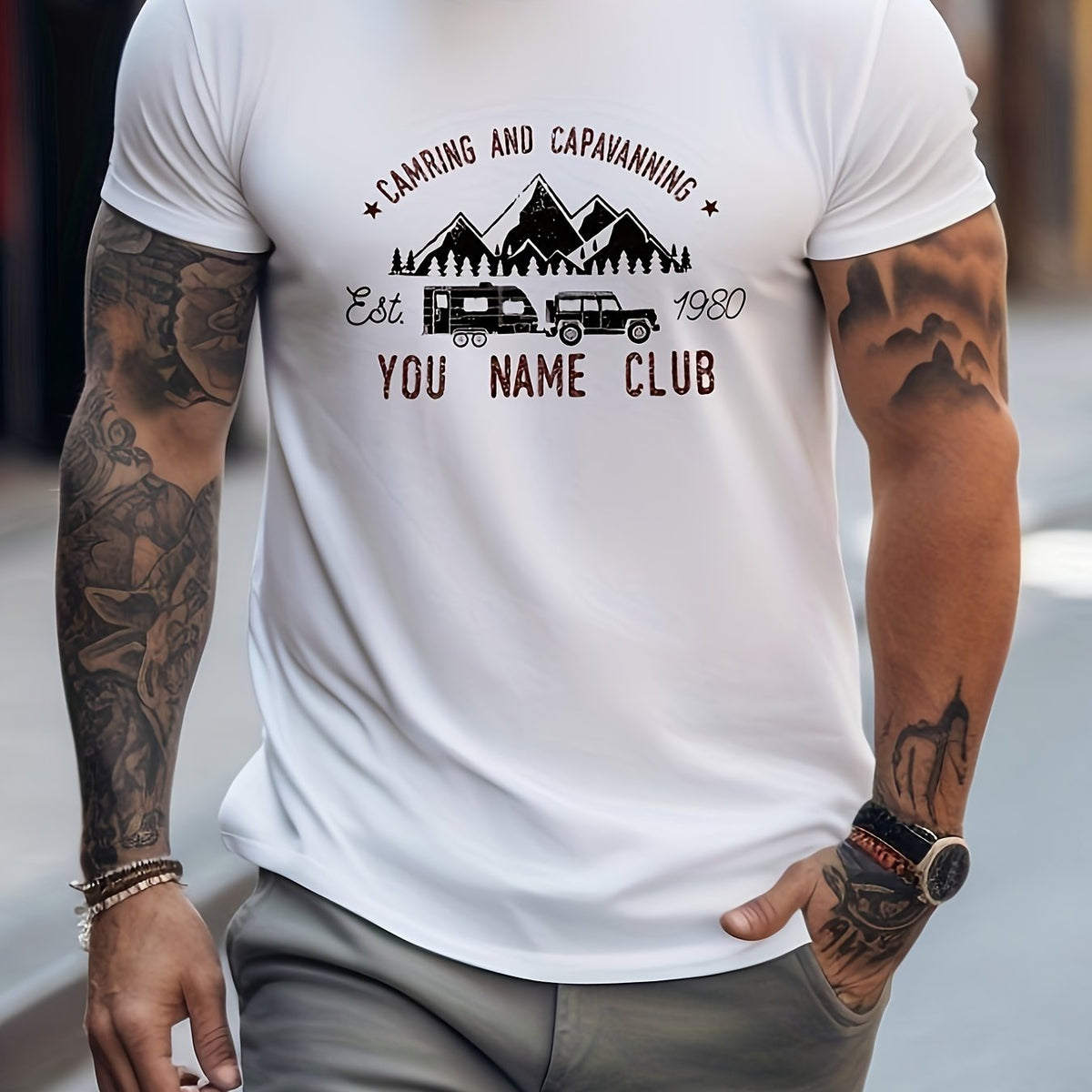 Mountain & Car Print Men's Graphic Crew Neck T-shirt