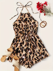 Leopard Print Backless Halter Romper Jumpsuit