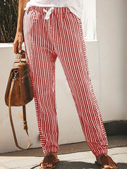 Striped Straight Leg Pants High Waist Drawstring