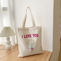 Pink Letter Flower Pattern Canvas Bag Lightweight Shopper Bag