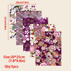 5pcs Japanese Style Purple Patches Cotton Quilting Fabric 9.8in