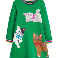 Girls' Thanksgiving Applique Dress, Green Cat Cartoon, 2-8Y