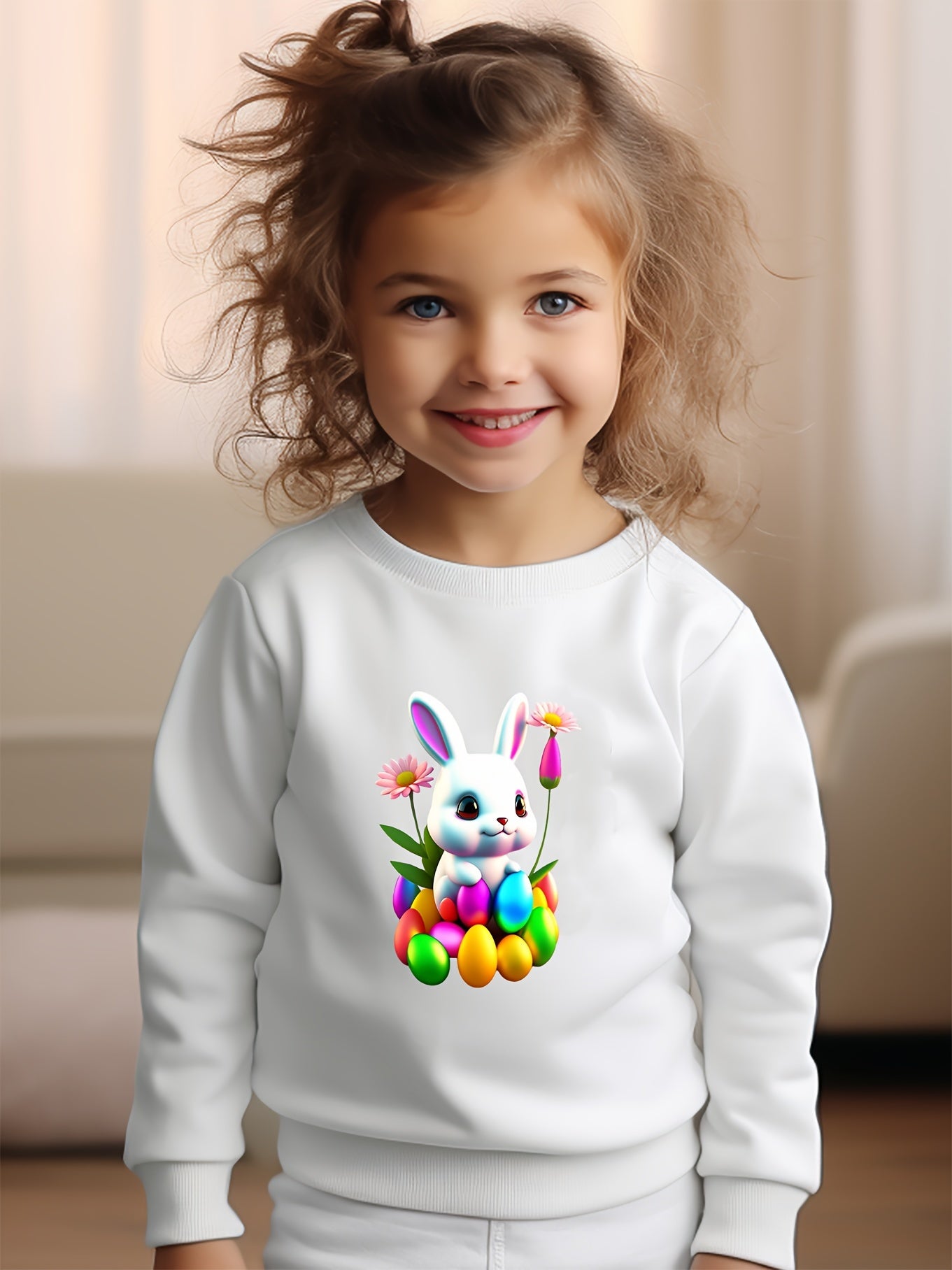 Girls Rabbit Pattern Crew Neck Sweatshirt Spring Fall Christmas Gift