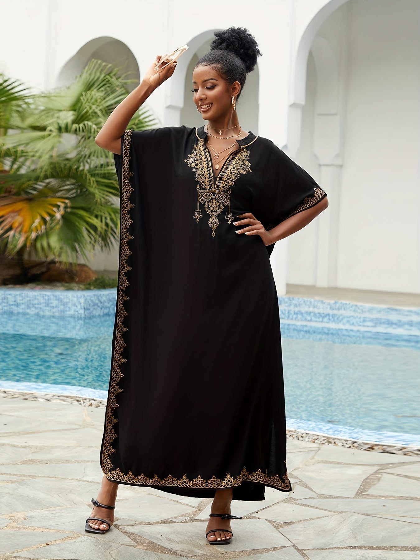  Boho Kaftan Dress Women's Plus Golden Embroidered Bat Sleeve