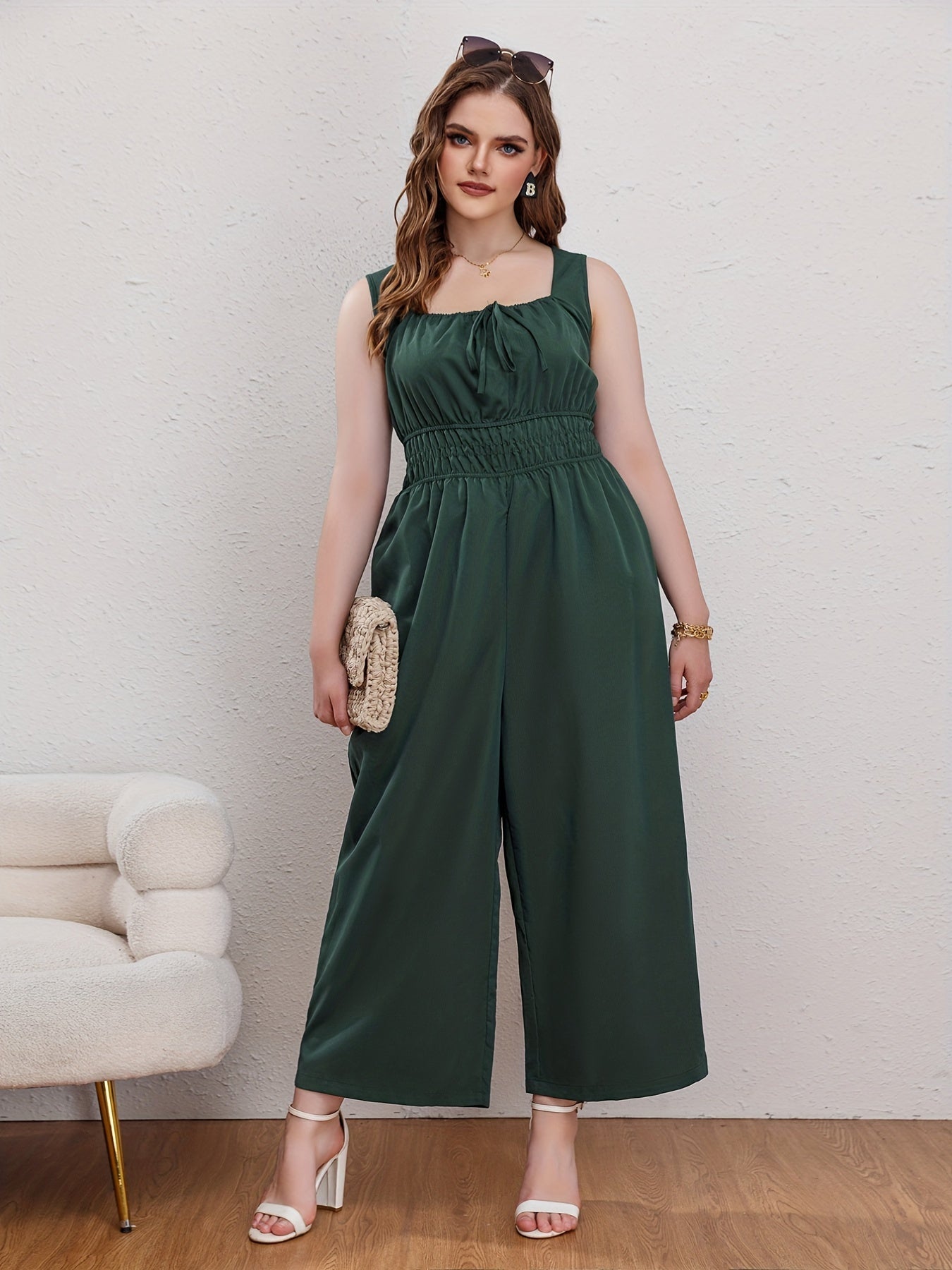  Jumpsuit Tie Front Nipped Waist Square Neck Wide Leg Tank Jumpsuit