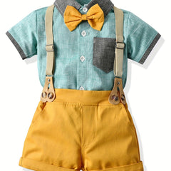 2pcs Toddler Boys Gentleman Outfit Short Sleeve Button Pocket Bowtie Shirt & Sho