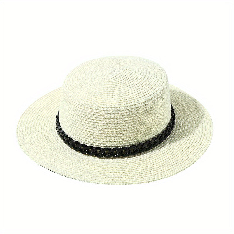 Flat Top Straw Fedora Cap with Detachable Chain - British Jazz Hats for Women