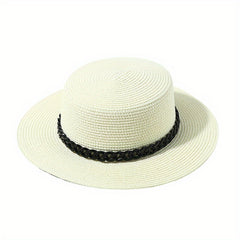 Flat Top Straw Fedora Cap with Detachable Chain - British Jazz Hats for Women