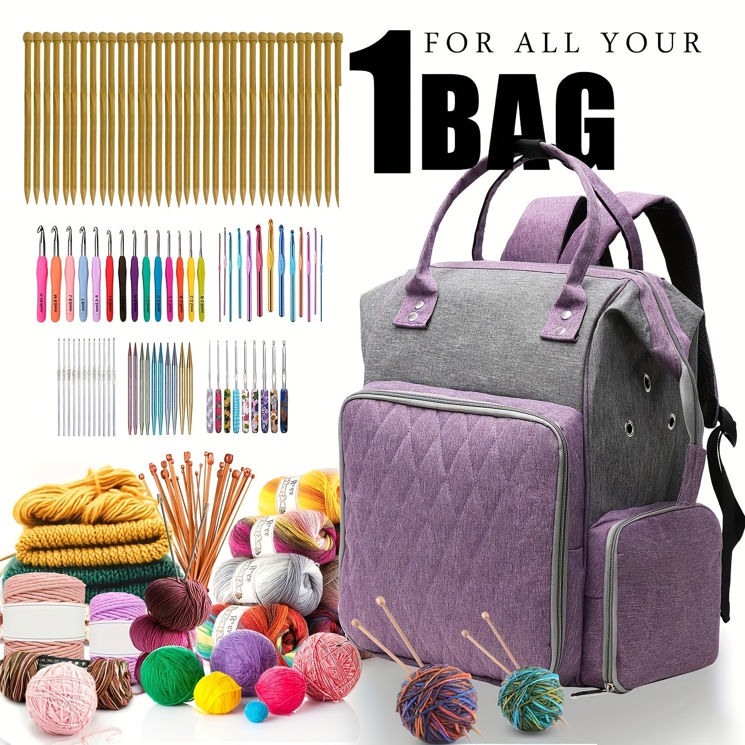 Gray Purple Crochet Storage Backpack Large Yarn Storage Organizer