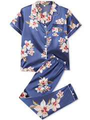 Floral Print Lounge Set Short Sleeve Top & Pants Women's Loungewear