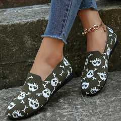 Women's Skull Print Flat Shoes Breathable Flying Woven Slip On Shoes