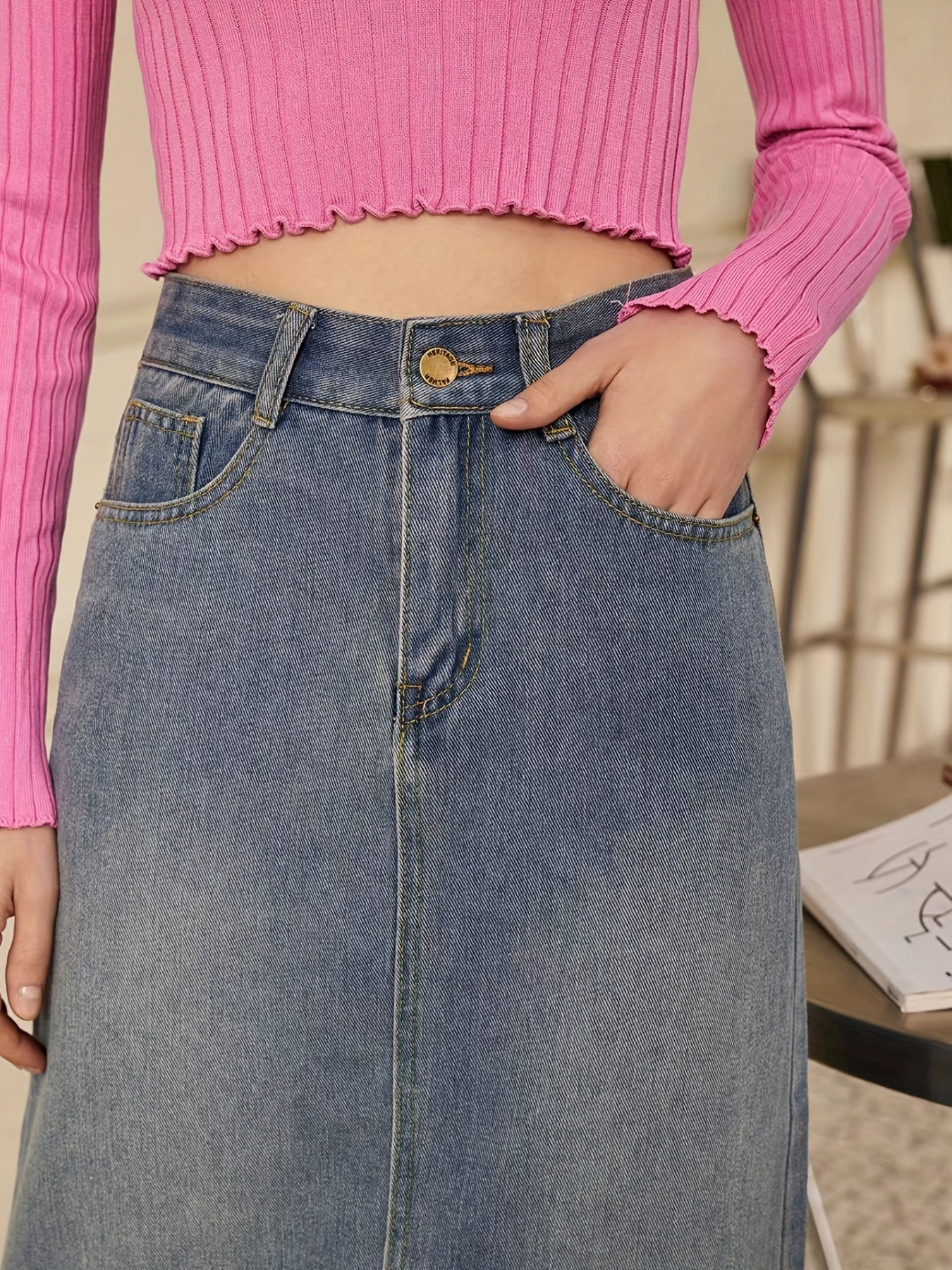 Front Slit Mid High Waist Denim Skirt Slash Pockets