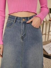 Front Slit Mid High Waist Denim Skirt Slash Pockets
