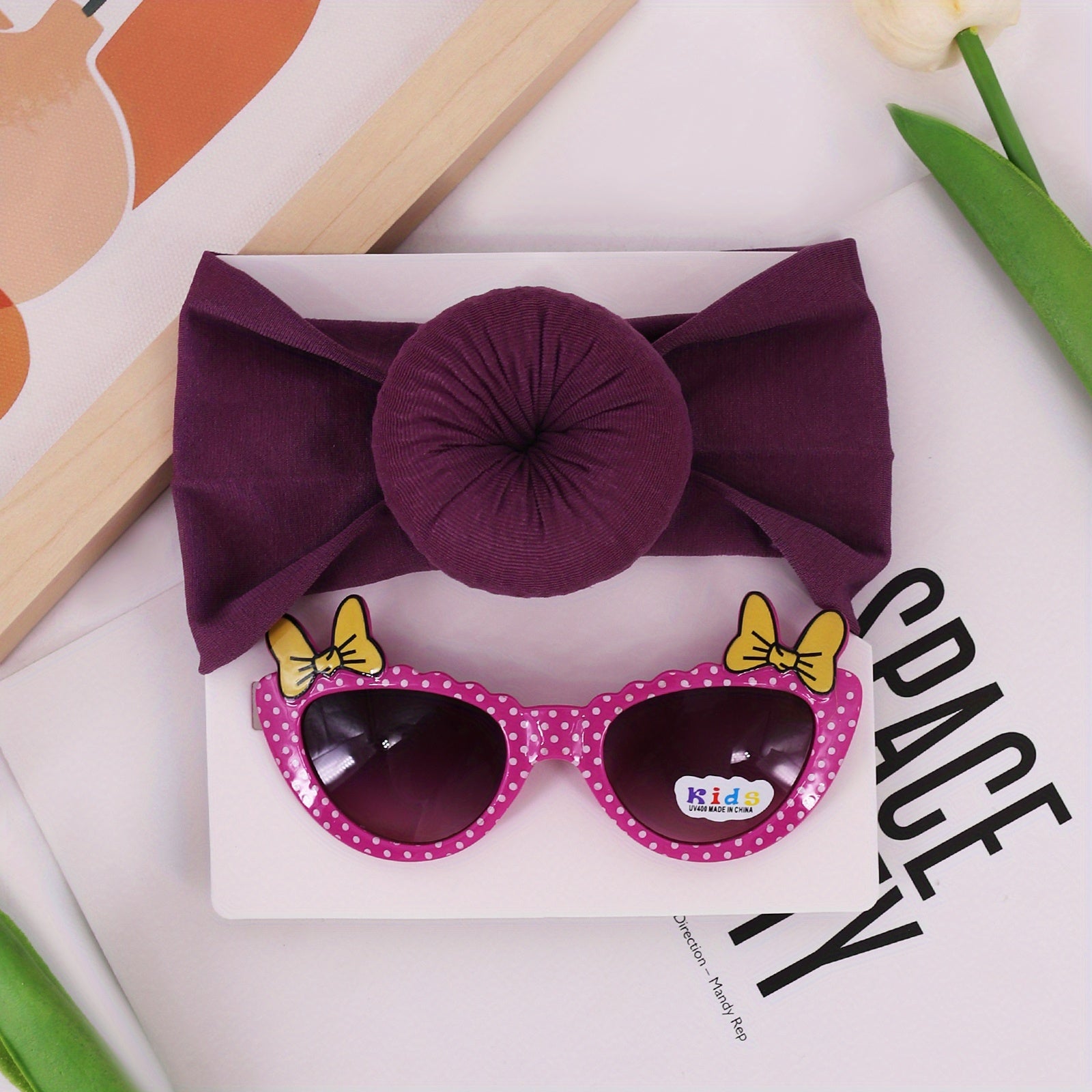Kids Fashion Hair Accessories Set - Elastic Donut Headband & Glasses