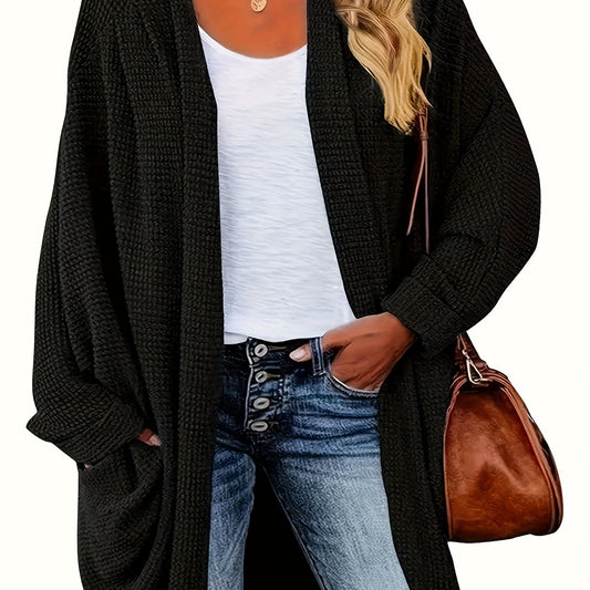  Solid Textured Batwing Sleeve Open Front Knit Cardigan