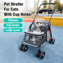 Folding Dog Stroller with Cup Holder & Mesh Window