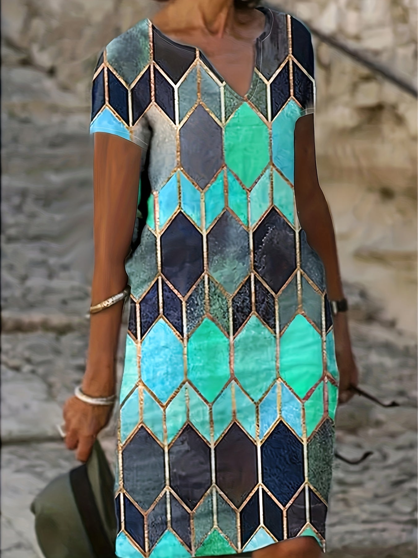  Geometric Print Short Sleeve Notched Neck Dress