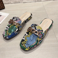 Women's Crocodile Print Chain Mules Square Toe Slipper Shoes