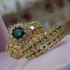Men's Wedding Engagement Golden & Faux Diamond Emerald Ring Jewelry Set