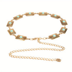 Boho Turquoise Inlay Waist Chain Golden Metal Openwork Belly Chain