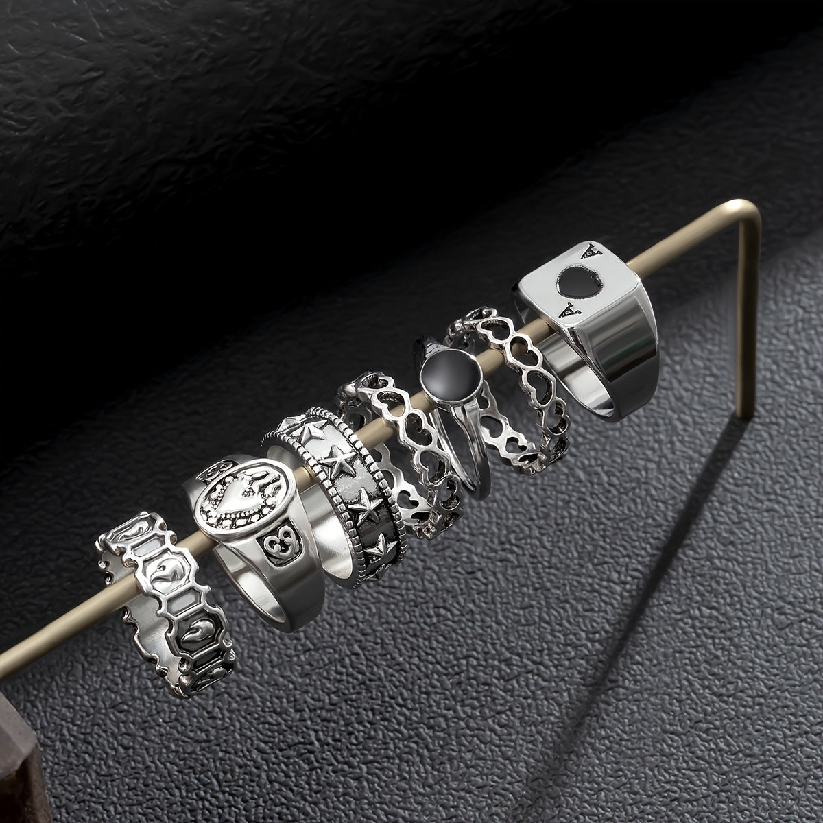 7-Piece Retro Hollow Love Element Charm Set Rings for Men