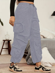  Solid Drawstring High Rise Cargo Trousers