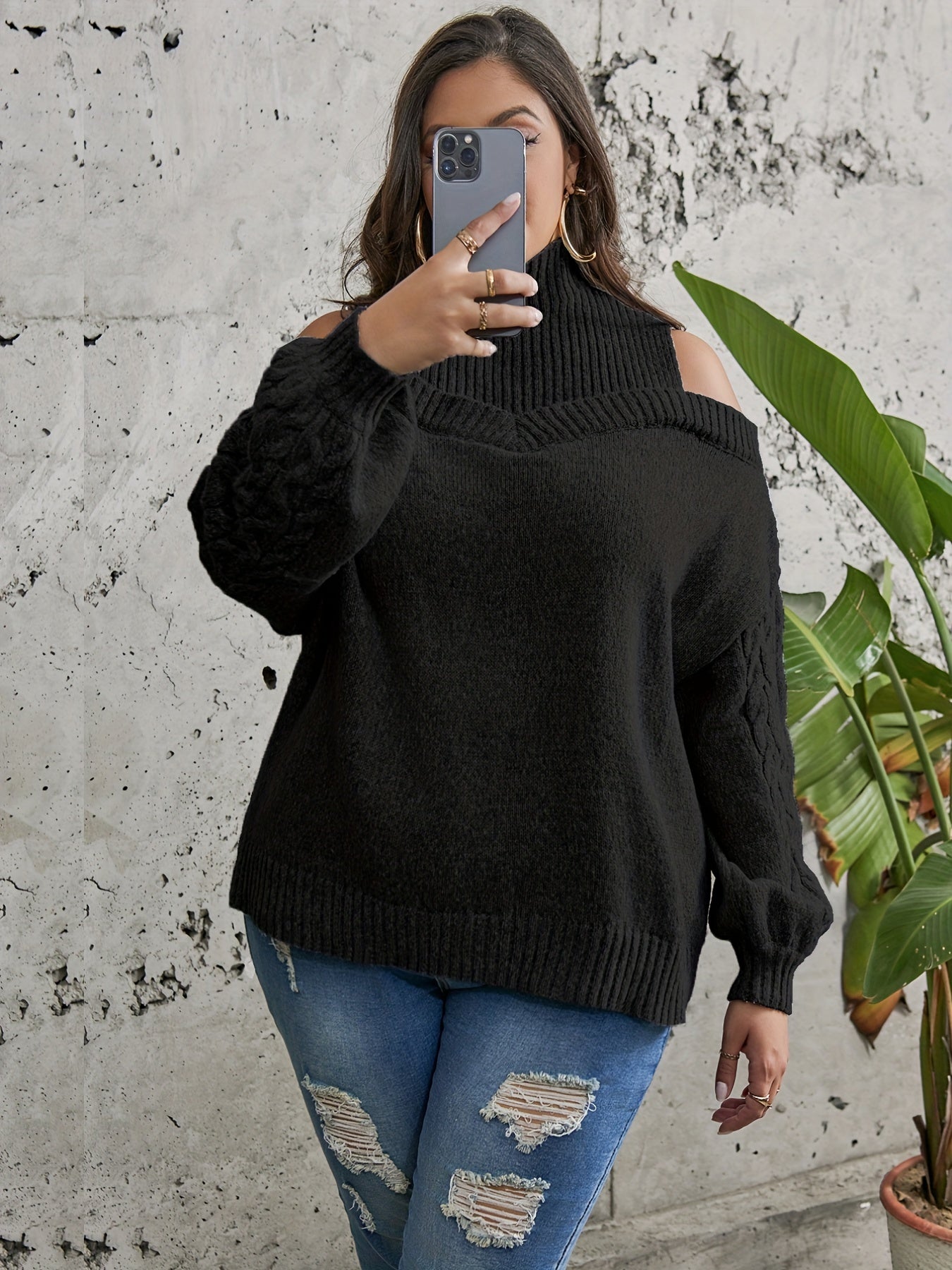  Cold Shoulder Jacquard Sweater Women's Plus Casual Knitwear Tops