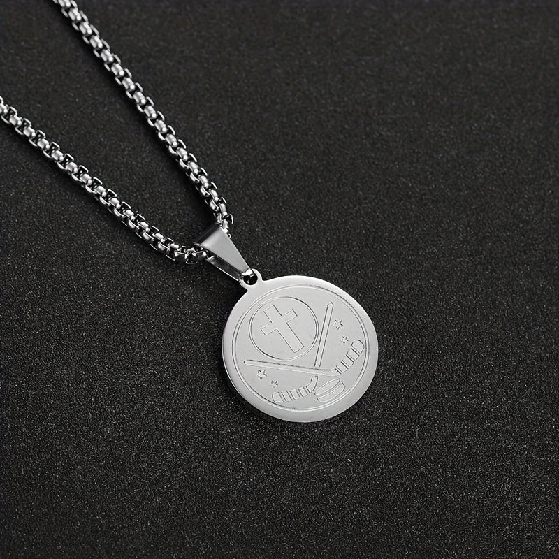 Men's Stainless Steel Ice Hockey Round Pendant Necklace