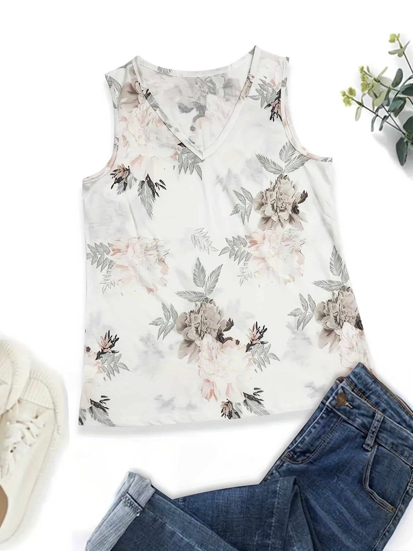 Floral Print Tank Top V Neck Sleeveless Summer Top Women's Clothing