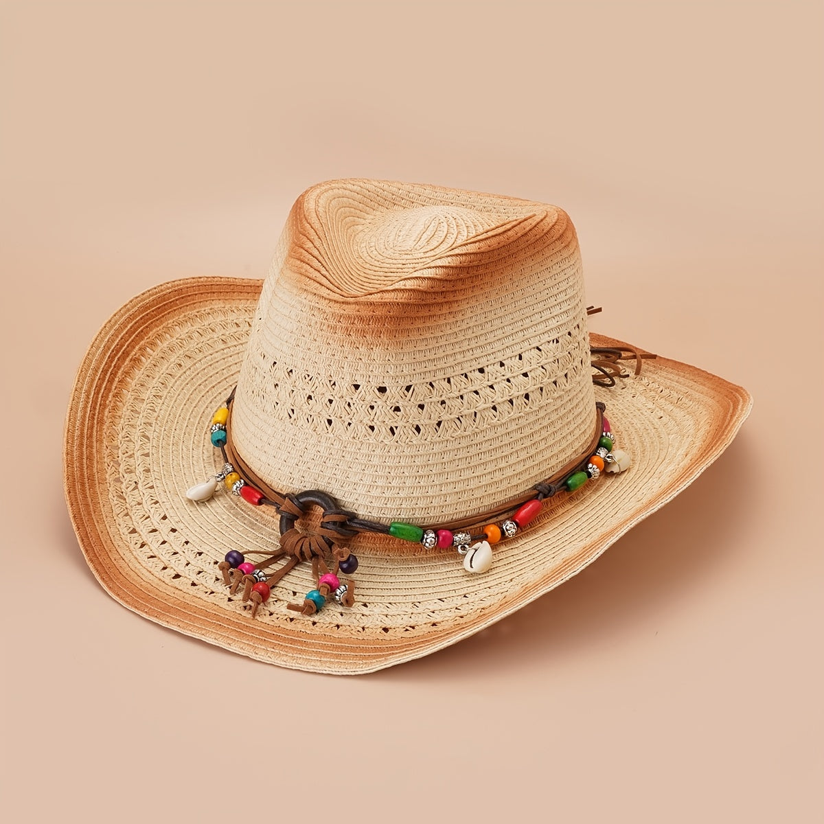 Khaki Wide Brim Cowboy Hat Boho Beads Belt Chain Decor