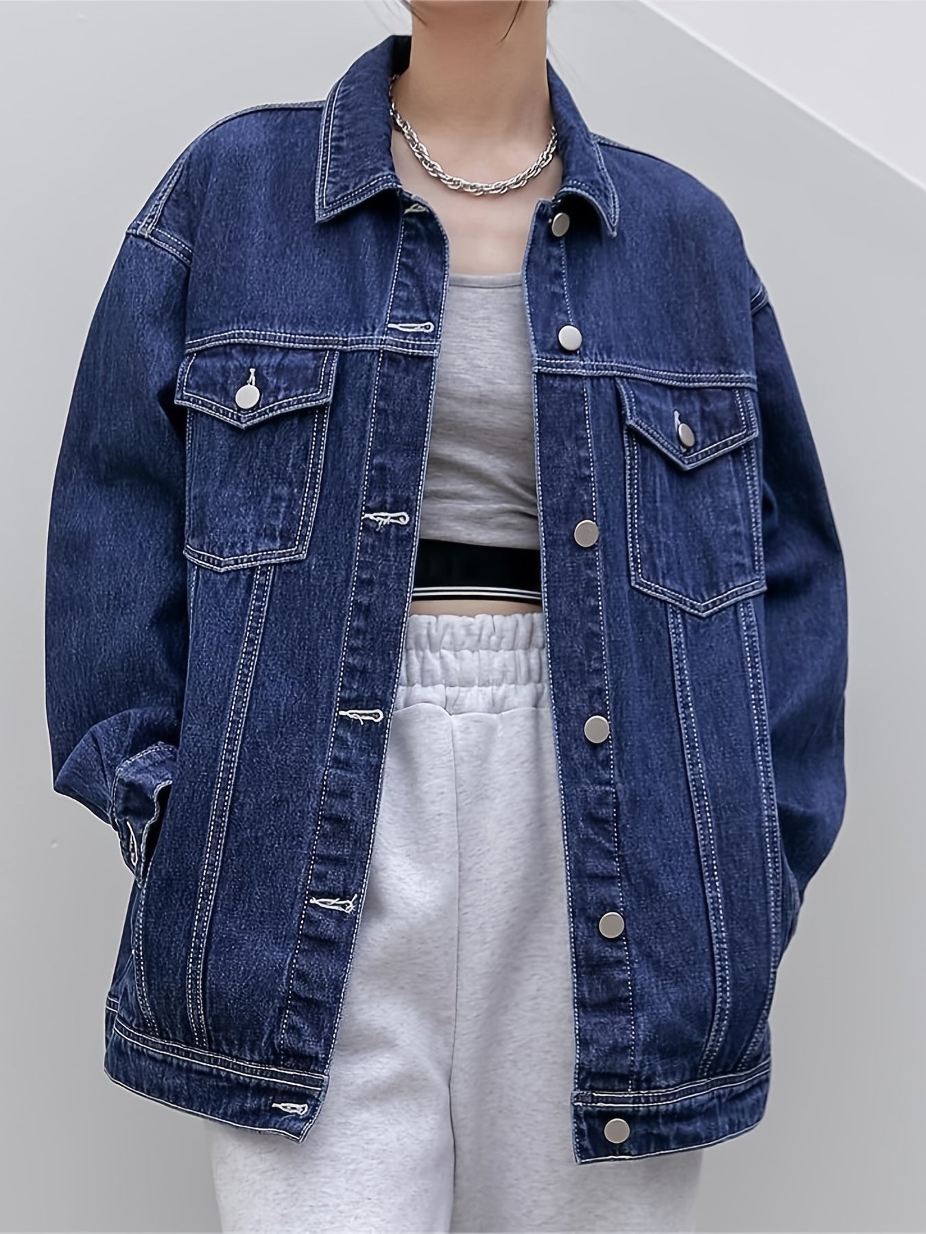 Women's Long Sleeves Denim Jacket Single Breasted Button Flap Pockets Lapel Coat