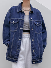 Women's Long Sleeves Denim Jacket Single Breasted Button Flap Pockets Lapel Coat