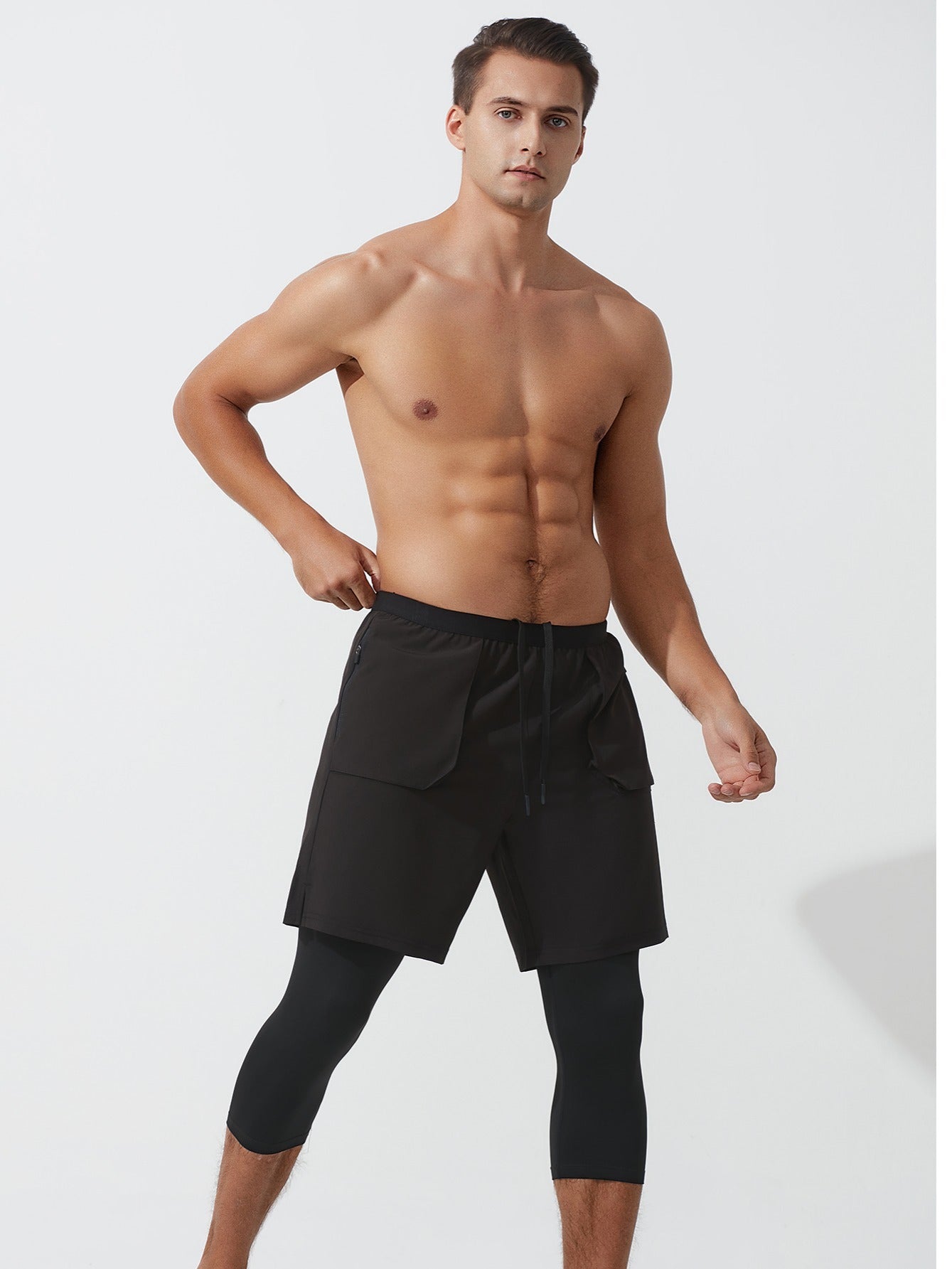 Men's Double Layer Capris With Pockets High Stretch Drawstring