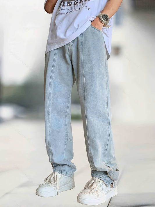 Classic Straight Leg Jeans Mens Casual Street Style Distressed Denim Pants