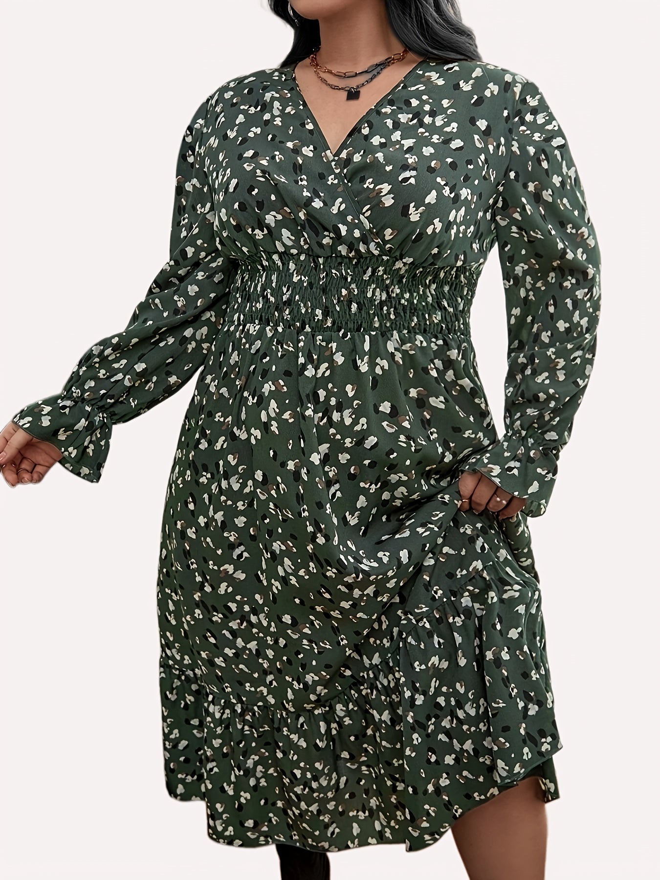  Casual Dress Women's Plus Ditsy Print Lantern Sleeve Dress