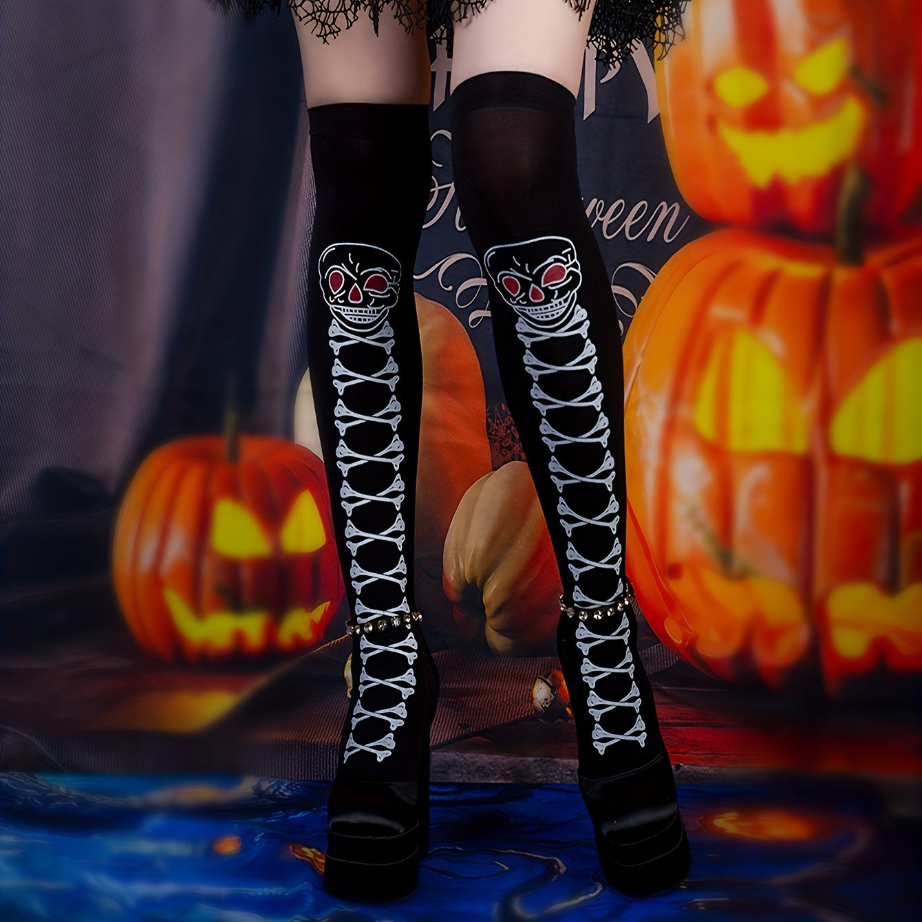 Halloween Skull Print Over The Knee Socks Women's Stockings