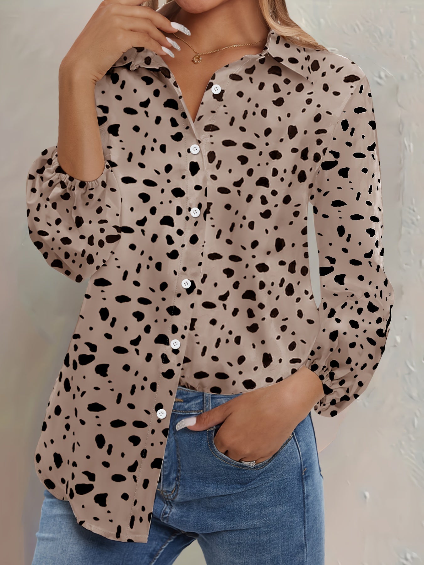  Dalmatian Print Lantern Sleeve Blouse