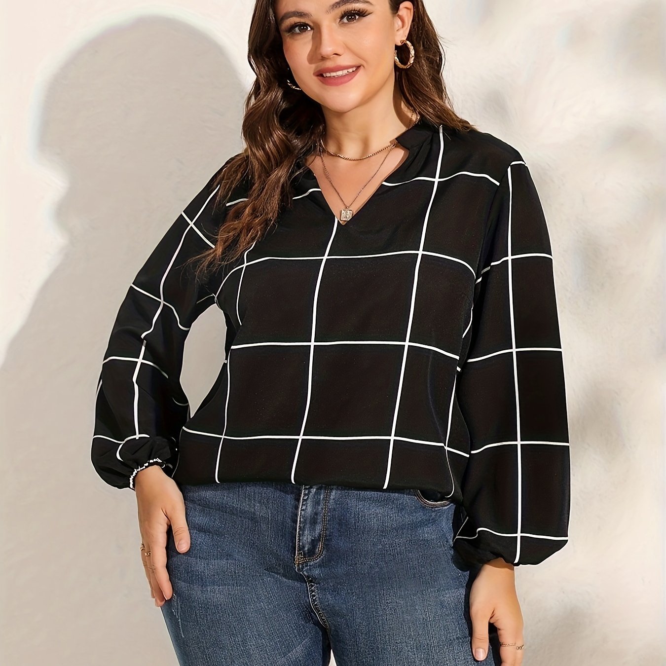  Casual Blouse Women's Plus Grid Print Notched Neck Tunic Top