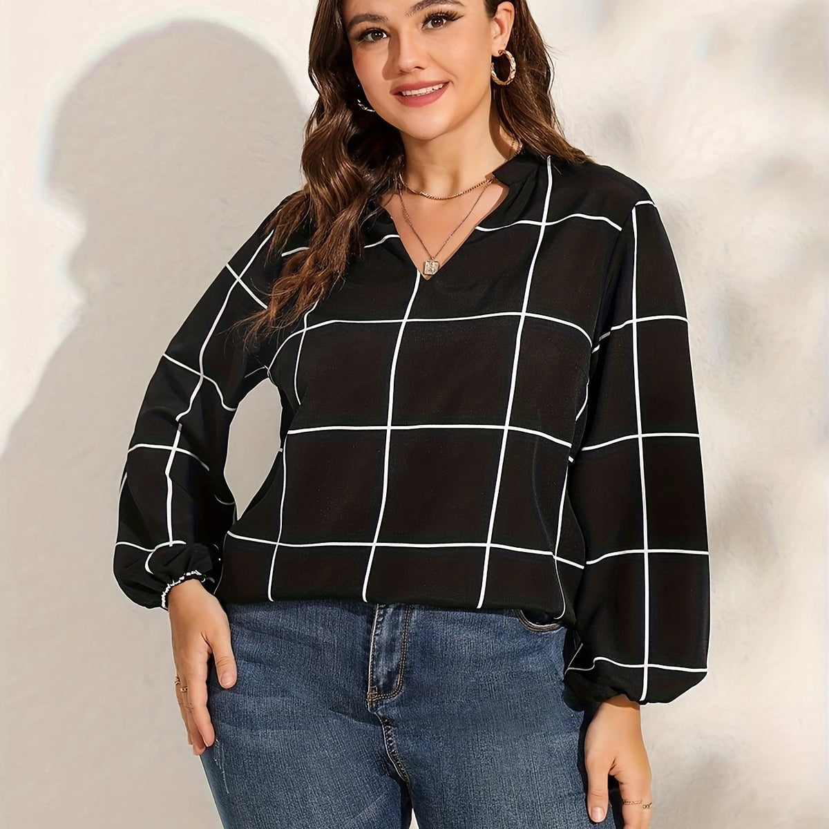  Casual Blouse Women's Plus Grid Print Notched Neck Tunic Top