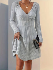  Women's Ribbed Long Sleeve Surplice Neck Dress