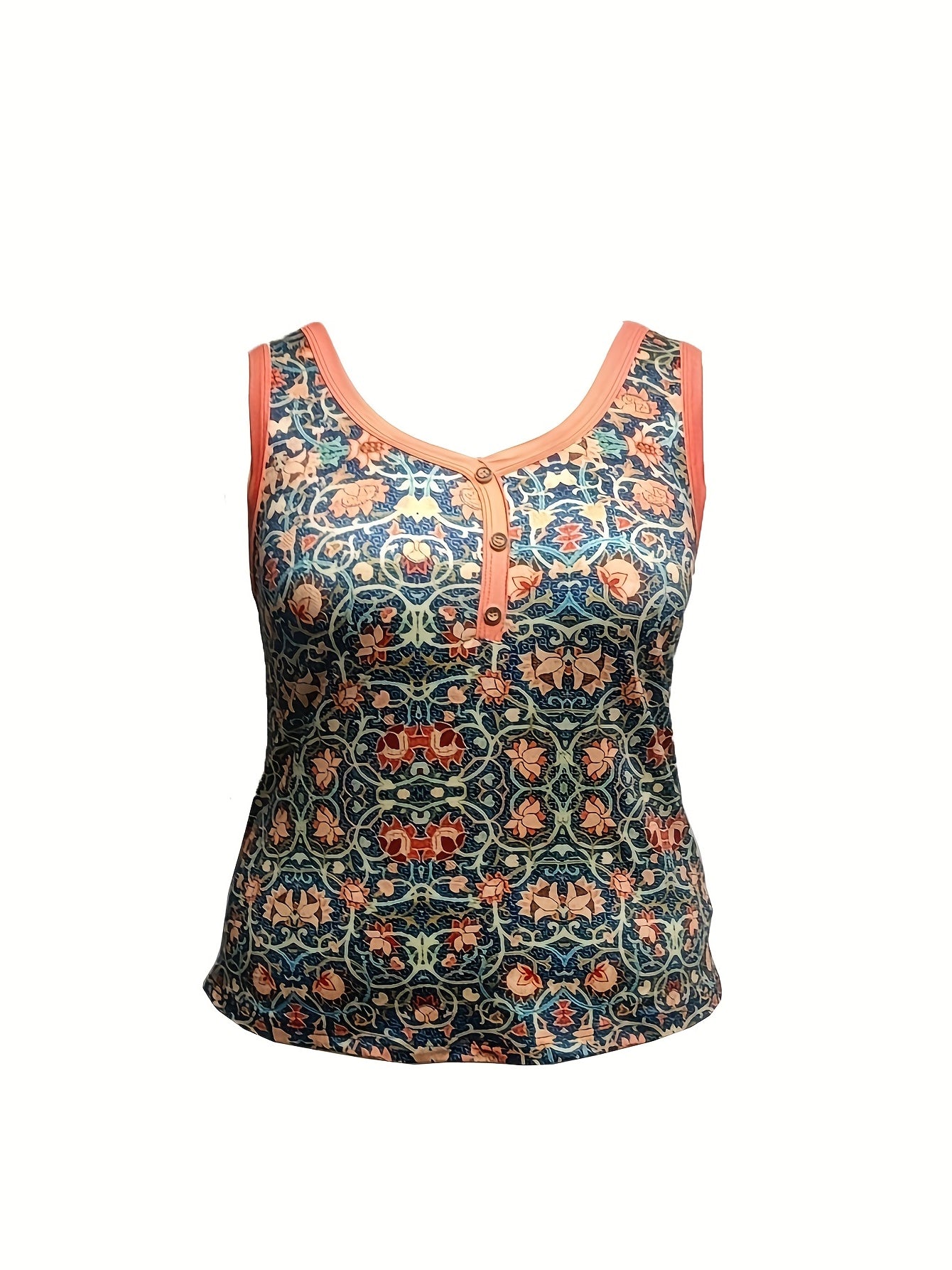  Jacobean Print Button V Neck Tank Top