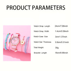 5pcs Pink Girls Quartz Watch Set