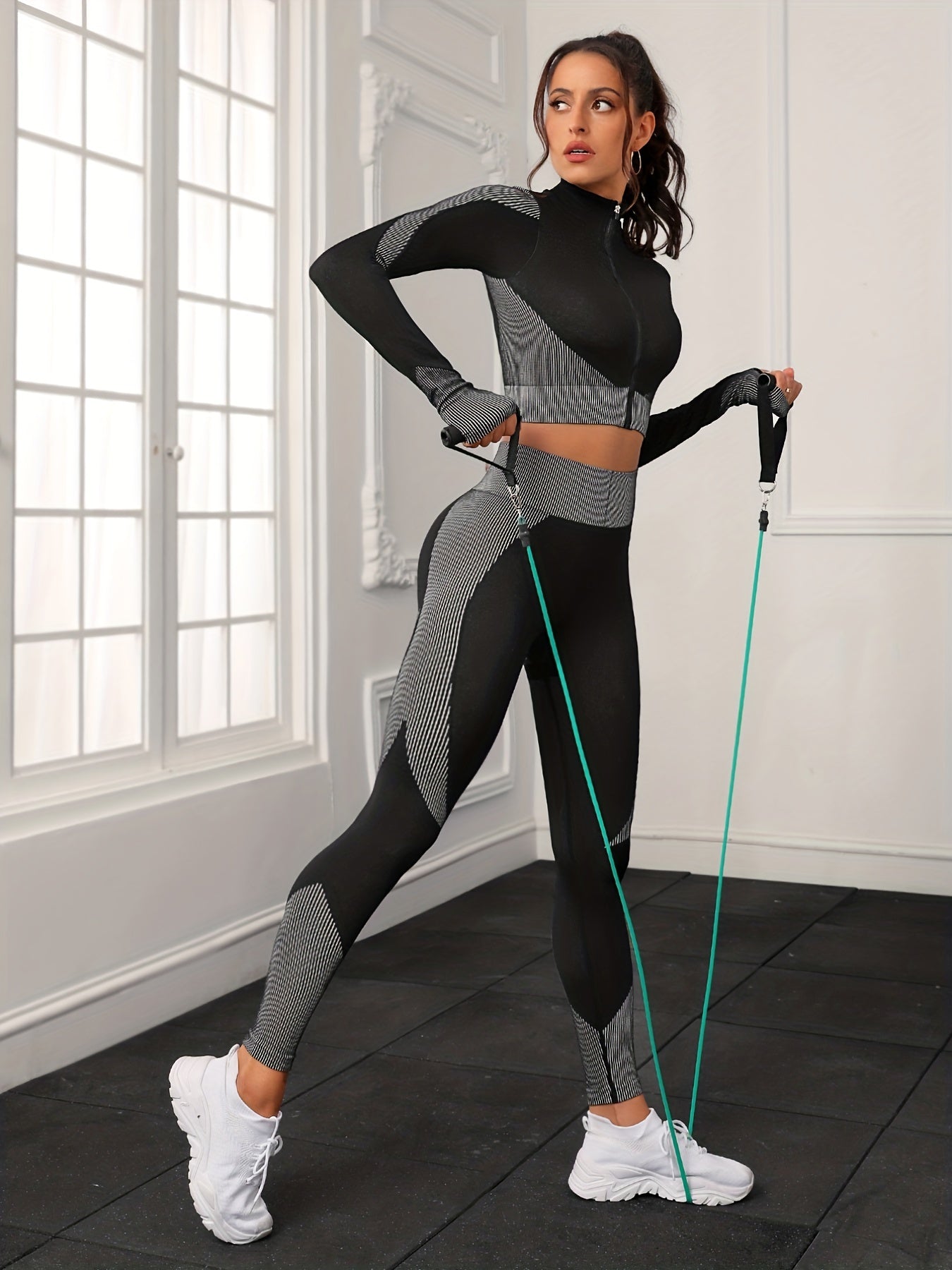Gray Zippered Long Sleeve Top & Pants Set Women's Activewear