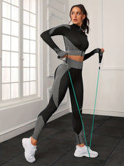 Gray Zippered Long Sleeve Top & Pants Set Women's Activewear